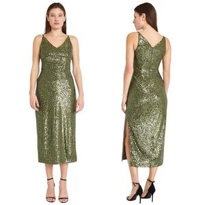 NWT Donna Morgan Green Sequin V-Neck Spaghetti Strap Midi Dress with High Slit